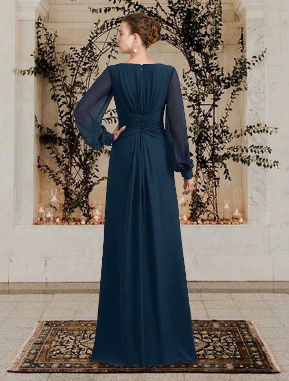 A-Line Mother of the Bride Dress Wedding Guest Plus Size Elegant V Neck Floor Length Chiffon Long Sleeve with Ruched Ruffles Side-Draped Fall by YiHuiw