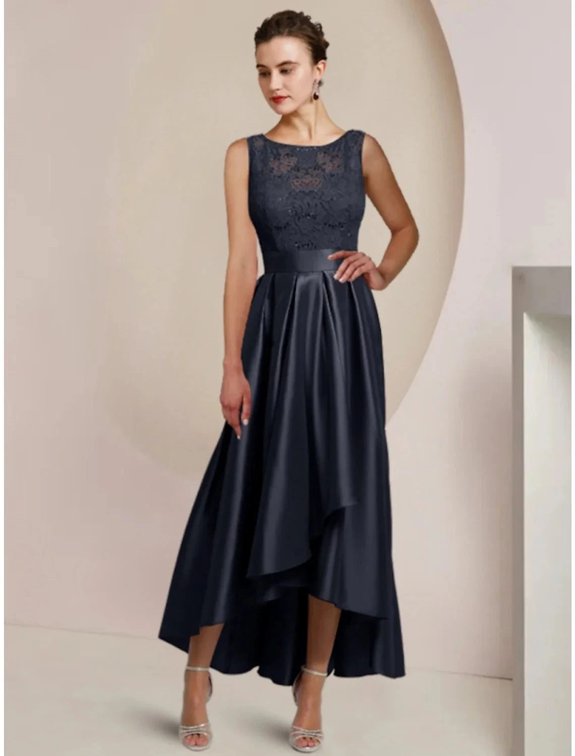 Sheath / Column Mother of the Bride Dress Wedding Guest Minimalist Elegant Scoop Neck Asymmetrical Ankle Length Satin Lace Half Sleeve with Pleats Solid Color by YiHuiw