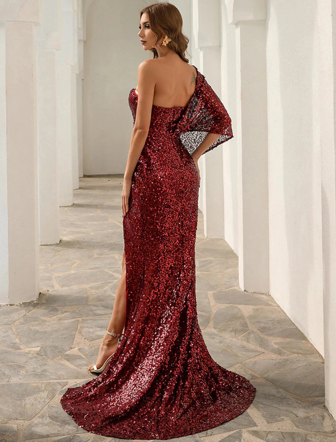 A-Line Evening Gown Sparkle & Shine Dress Formal Wedding Court Train Sleeveless One Shoulder Polyester with Sequin Slit by YiHuiw