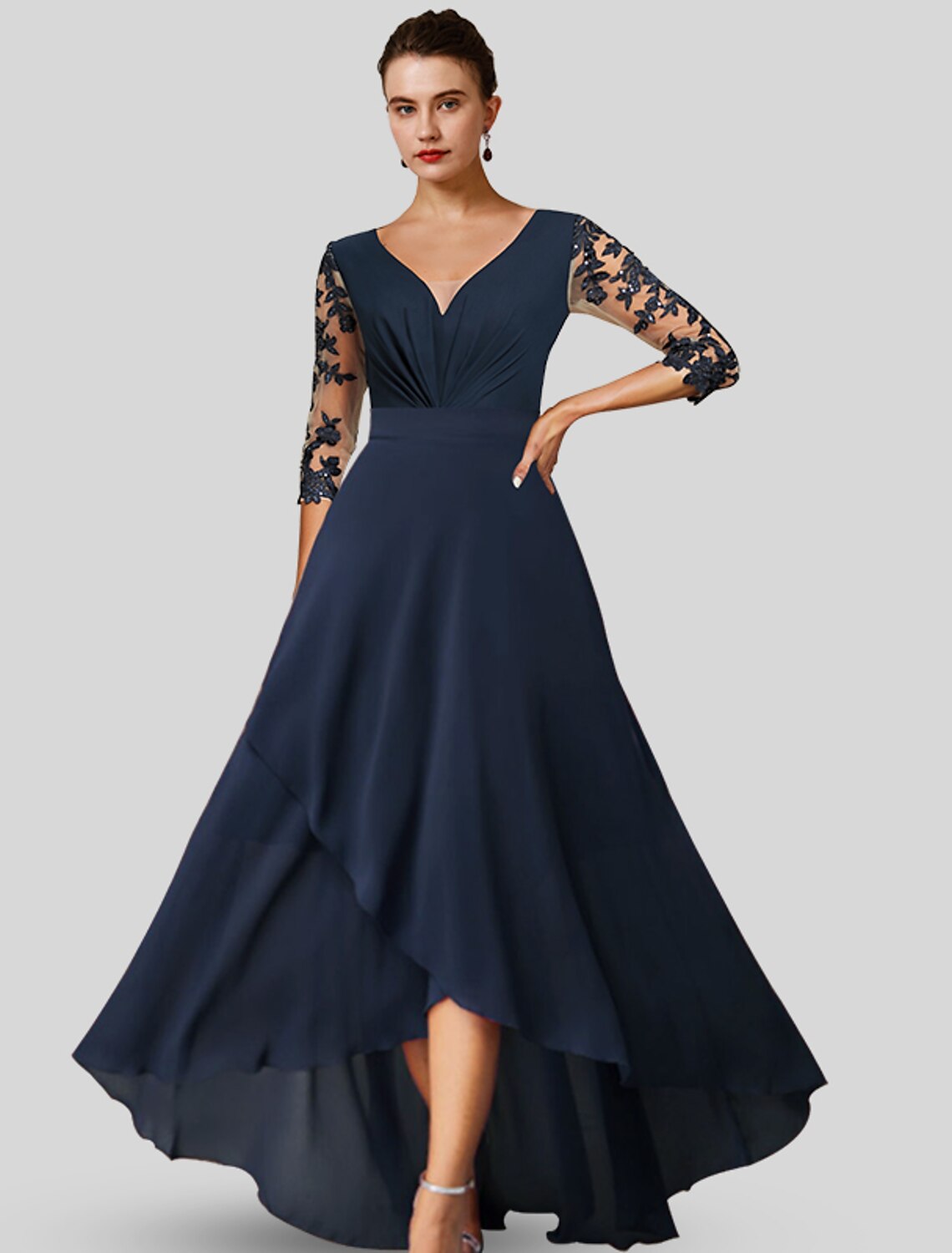 A-Line Mother of the Bride Dress Wedding Guest Elegant High Low V Neck Asymmetrical Tea Length Chiffon Lace 3/4 Length Sleeve with Appliques by YiHuiw