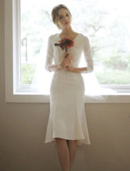 Reception Little White Dresses Fall Wedding Dresses Mermaid / Trumpet V Neck 3/4 Length Sleeve Asymmetrical Satin Bridal Gowns With  Summer Wedding Party  Women‘s Clothing