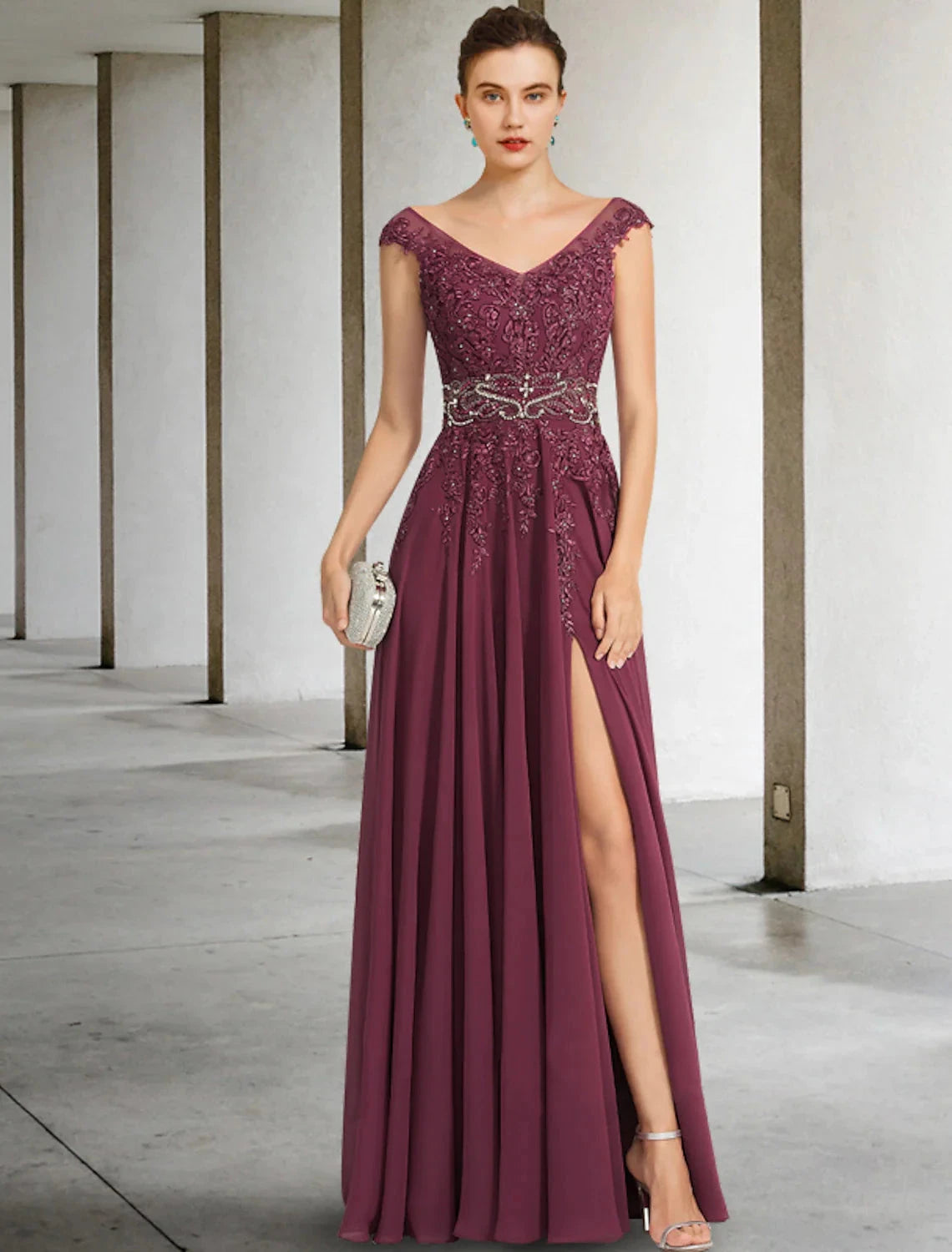 A-Line Mother of the Bride Dress Luxurious Elegant V Neck Floor Length Chiffon Lace Sleeveless with Sash / Ribbon Beading Split Front by YiHuiw