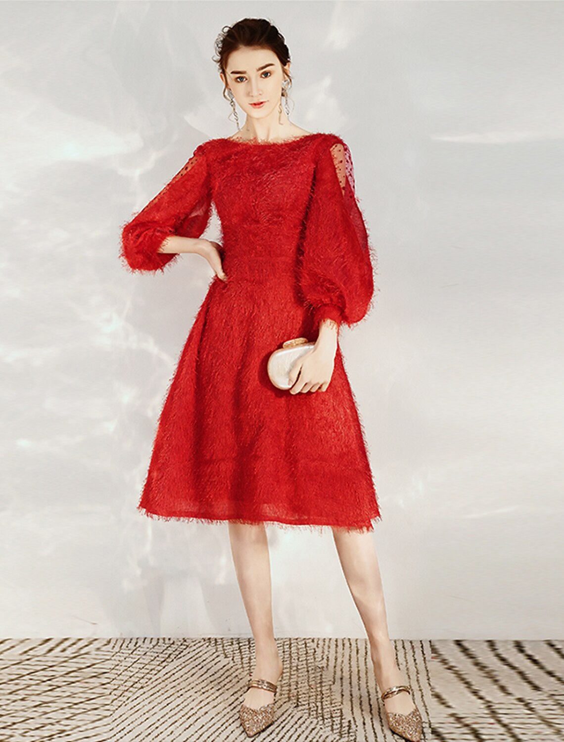 A-Line Cocktail Dresses Princess Dress Cocktail Party Valentine's Day Tea Length 3/4 Length Sleeve Jewel Neck Nylon with Sash / Ribbon Pure Color