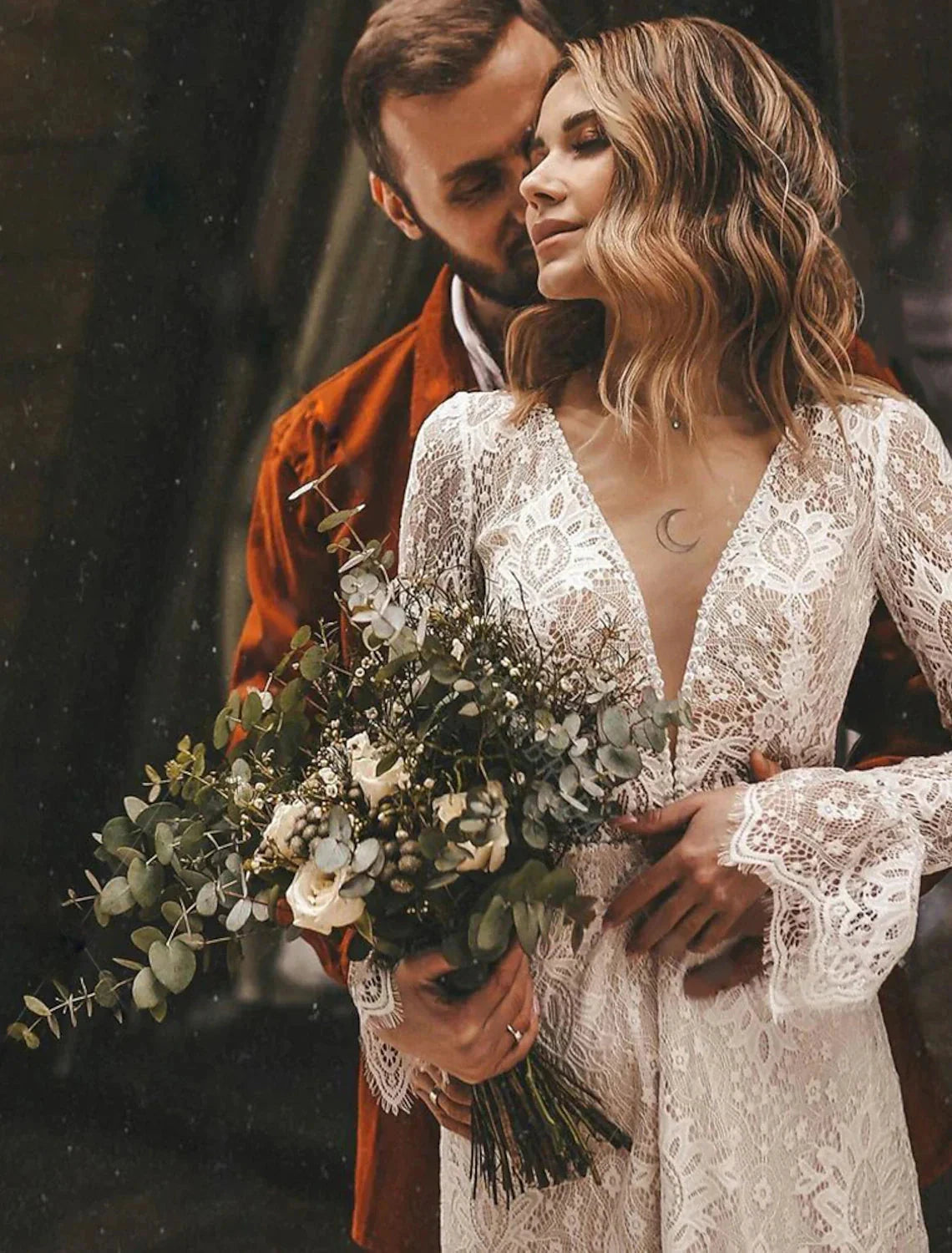 Beach Open Back Boho Wedding Dresses A-Line V Neck Long Sleeve Court Train Lace Bridal Gowns With Solid Color by YiHuiw