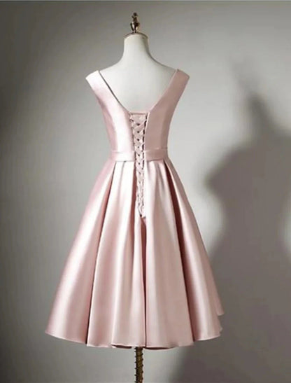 A-Line Bridesmaid Dress Off Shoulder Sleeveless Elegant Tea Length Satin with Bow(s) / Pleats by YiHuiw
