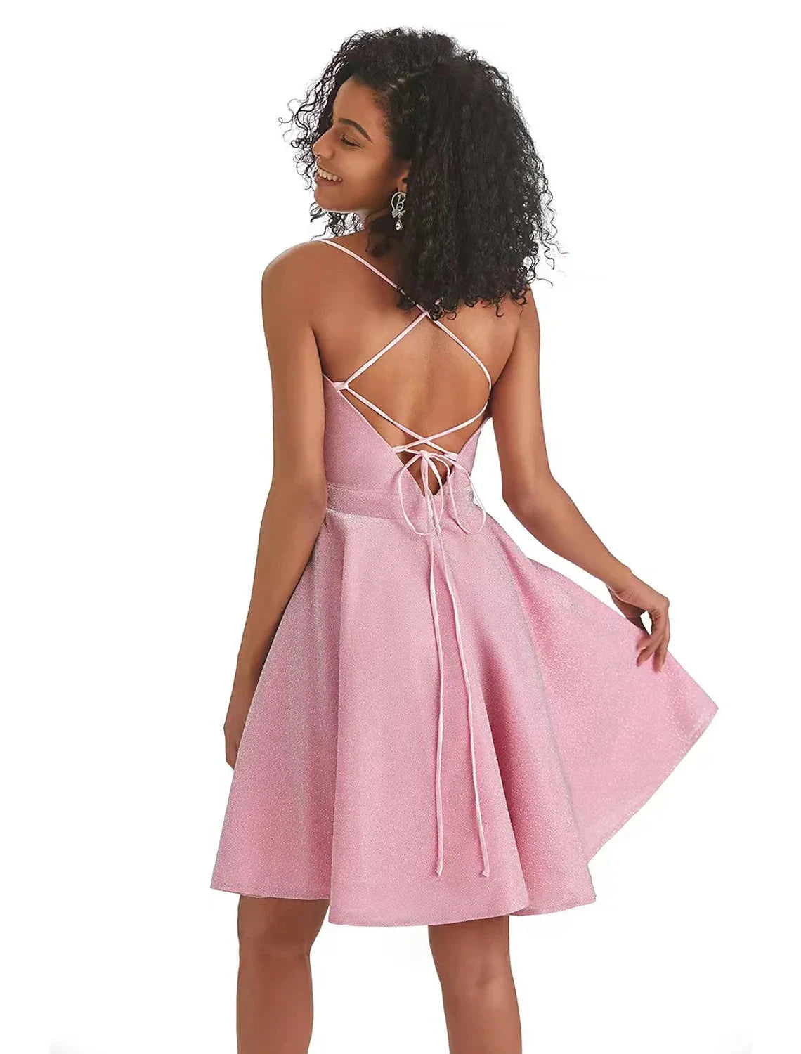A-Line Homecoming Dresses Backless Dress Graduation Cocktail Party Short / Mini Sleeveless Spaghetti Strap Pink Dress Lurex Fabric with Sequin Strappy by YiHuiw
