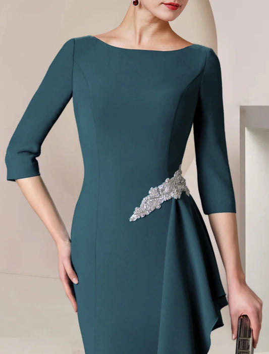 Sheath / Column Mother of the Bride Dress Wedding Guest Party Elegant Scoop Neck Floor Length  Fabric 3/4 Length Sleeve with Crystal Brooch Ruching