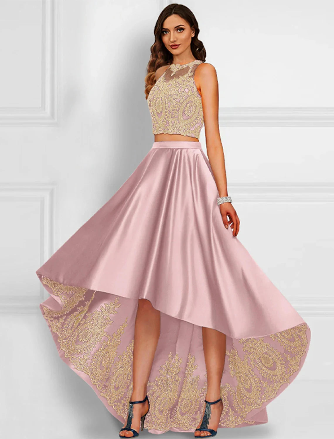 Two Piece Cocktail Dresses Sparkle & Shine Dress Prom Wedding Party Asymmetrical Sleeveless Jewel Neck Charmeuse with Appliques by YiHuiw