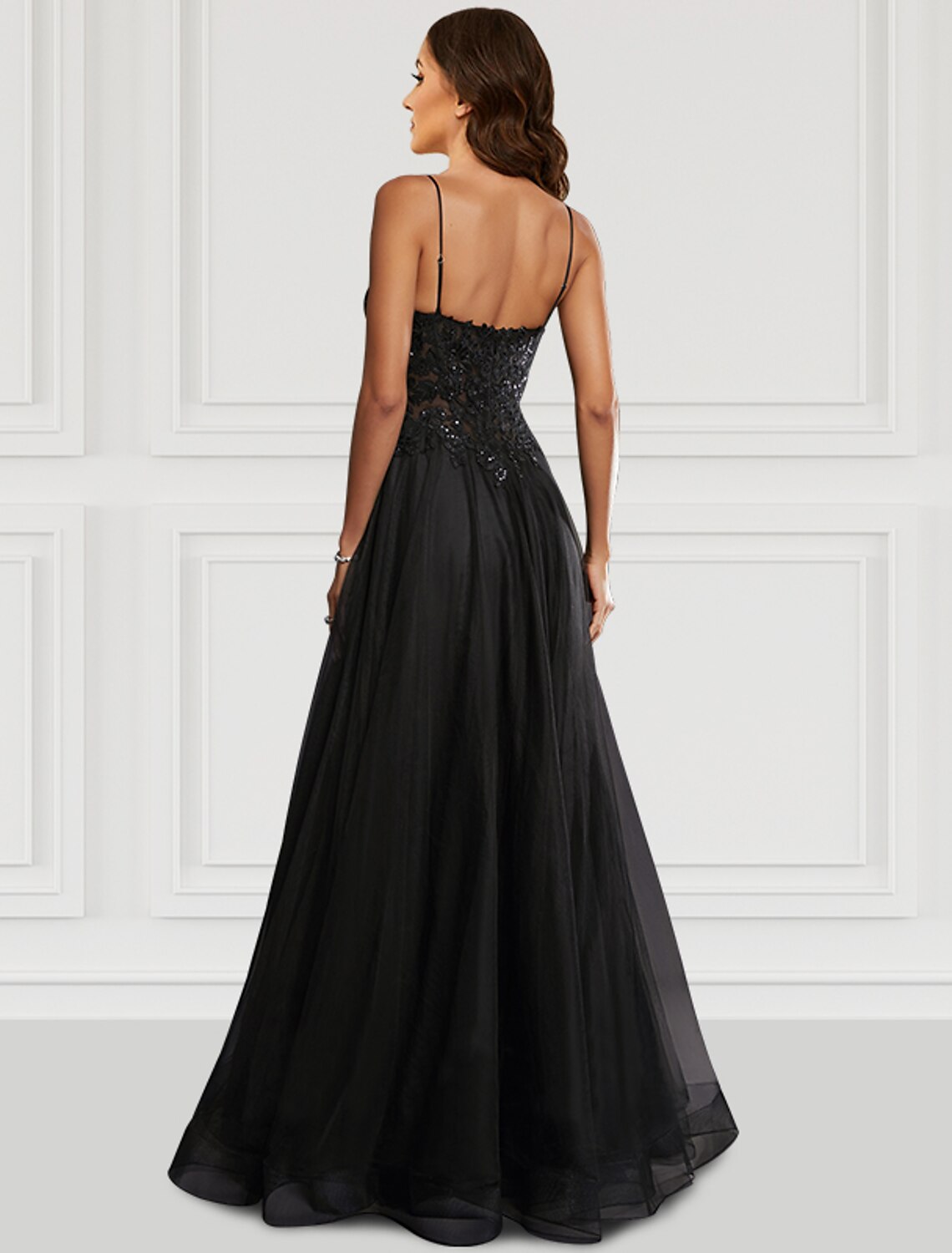 A-Line Prom Dresses Black Dress Party Wear Floor Length Sleeveless Spaghetti Strap Tulle with Glitter Slit by YiHuiw