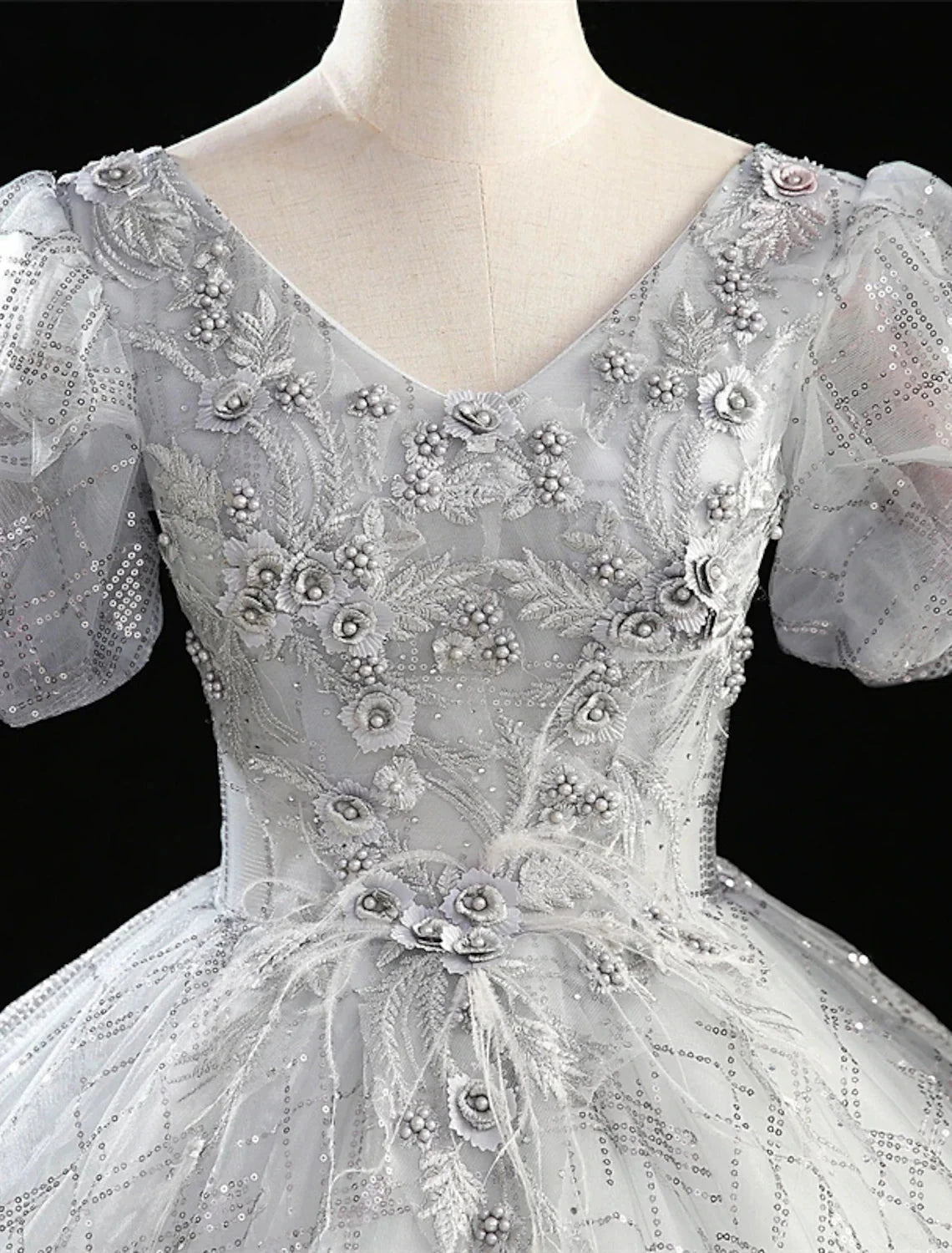 Ball Gown Quinceanera Dresses Princess Dress Performance Quinceanera Floor Length Short Sleeve V Neck Polyester with Beading by YiHuiw