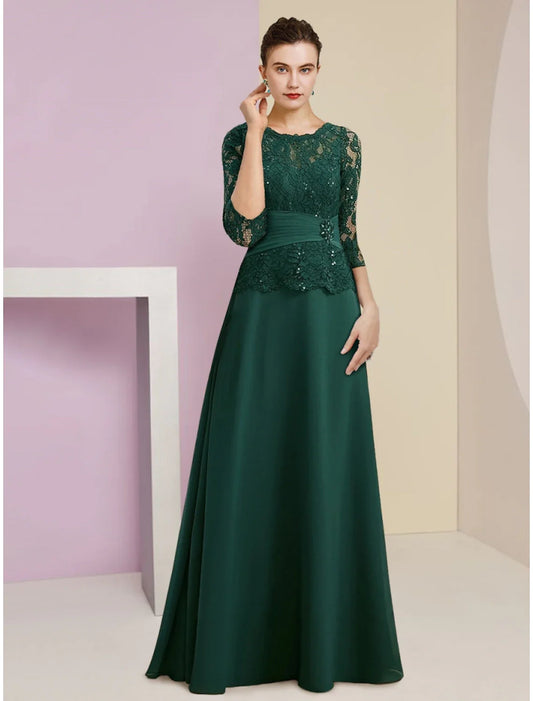 A-Line Mother of the Bride Dress Wedding Guest Elegant Scoop Neck Floor Length  Chiffon 3/4 Length Sleeve with Lace Sequin Ruching