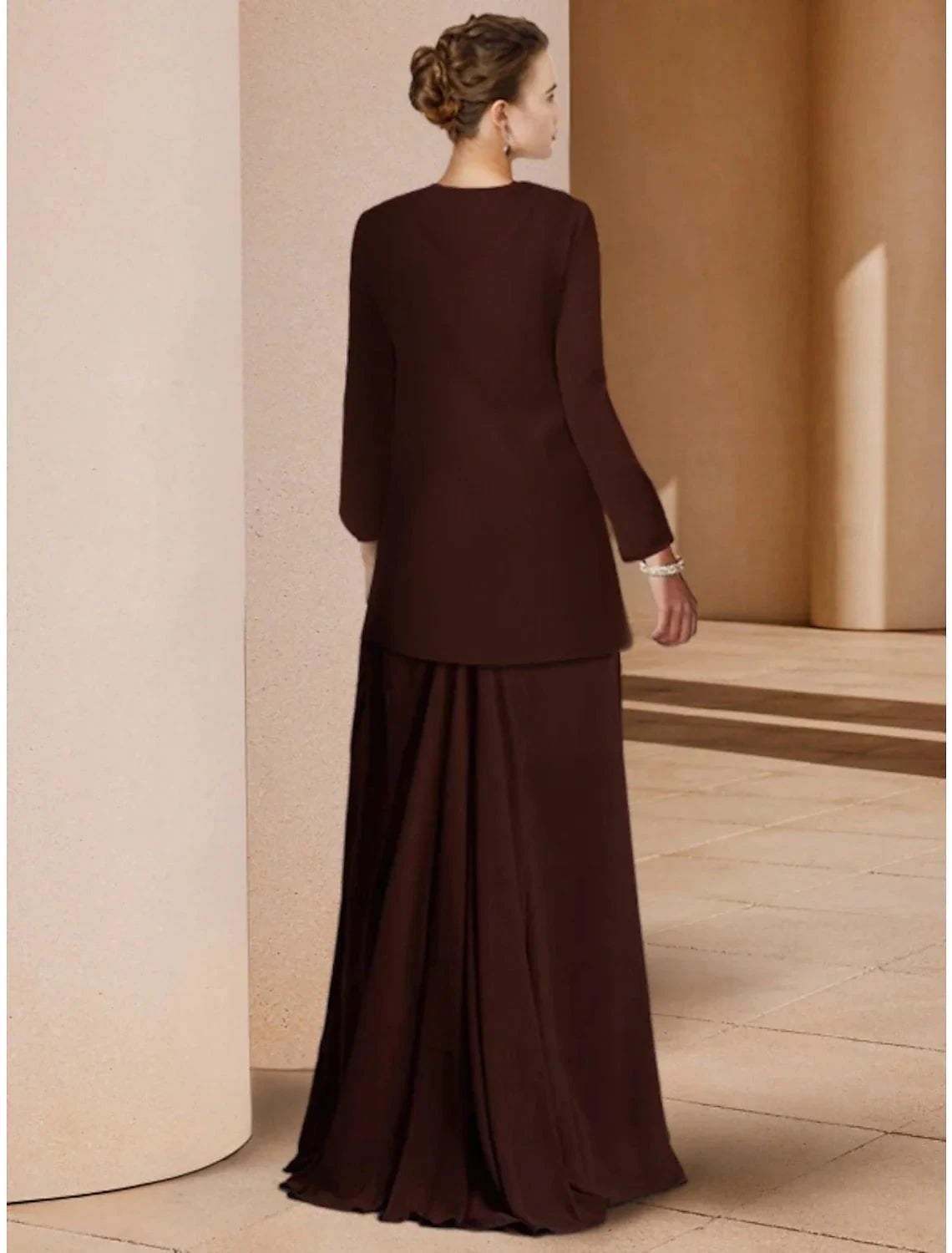 Sheath / Column Mother of the Bride Dress Wedding Guest Elegant Scoop Neck Floor Length Chiffon Long Sleeve with Sequin Ruching by YiHuiw