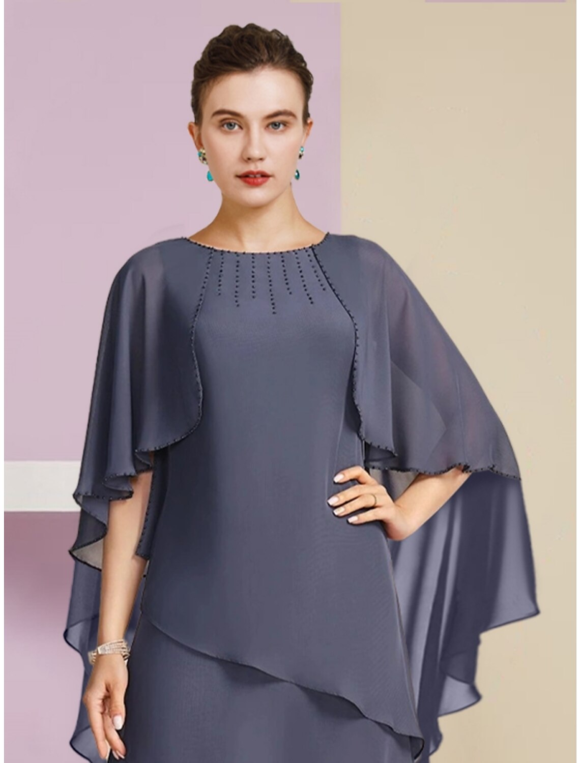Sheath / Column Mother of the Bride Dress Wedding Guest Elegant Jewel Neck Floor Length Chiffon Half Sleeve with Sequin Tier Solid Color by YiHuiw