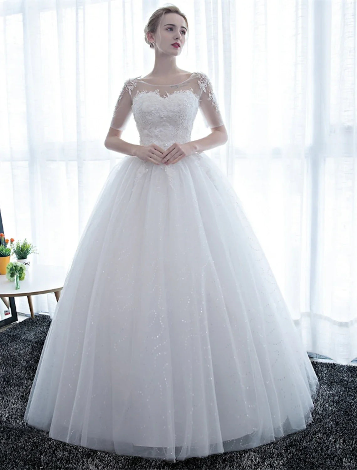 Reception Formal Wedding Dresses Ball Gown Illusion Neck Half Sleeve Floor Length Satin Bridal Gowns With Lace   Summer Wedding Party  Women's Clothing