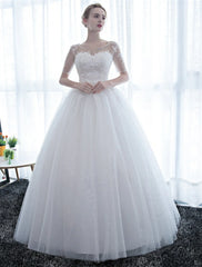 Reception Formal Wedding Dresses Ball Gown Illusion Neck Half Sleeve Floor Length Satin Bridal Gowns With Lace   Summer Wedding Party  Women's Clothing