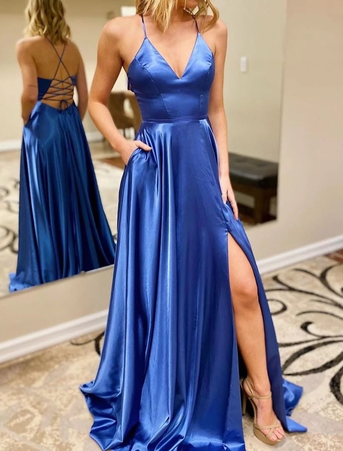 A-Line Prom Dresses Sexy Dress Formal Sweep / Brush Train Sleeveless V Neck Imitation Silk Backless with Slit