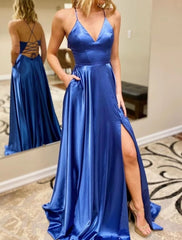 A-Line Prom Dresses Sexy Dress Formal Sweep / Brush Train Sleeveless V Neck Imitation Silk Backless with Slit