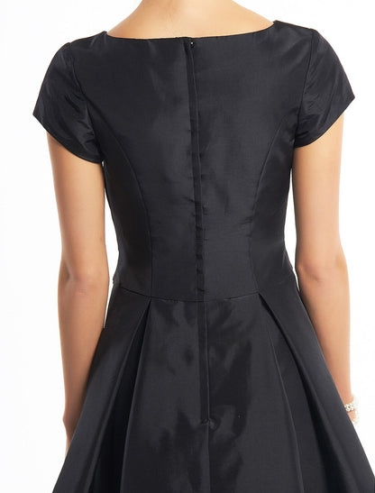 A-Line Black Dress Vintage Homecoming Wedding Guest Tea Length Short Sleeve Boat Neck Taffeta with Buttons by YiHuiw