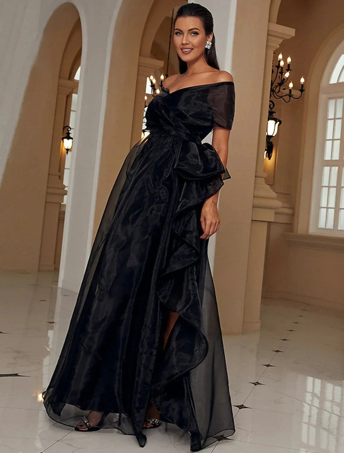 A-Line Evening Gown Sexy Dress Formal Floor Length Short Sleeve Off Shoulder Wednesday Addams Family Polyester with Ruffles Slit by YiHuiw