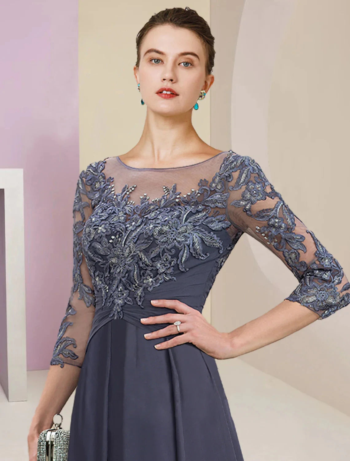 Sheath / Column Mother of the Bride Dress Wedding Guest Simple Elegant Jewel Neck Ankle Length Chiffon Lace 3/4 Length Sleeve with Pleats Sequin by YiHuiw
