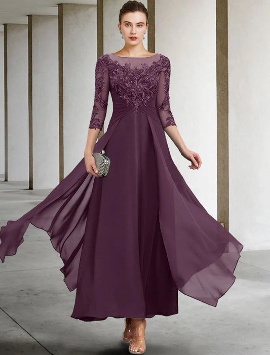 A-Line Mother of the Bride Dress Appliques Fall Wedding Guest Plus Size Elegant Scoop Neck Ankle Length Chiffon Lace Sequin 3/4 Length Sleeve with Ruched by YiHuiw
