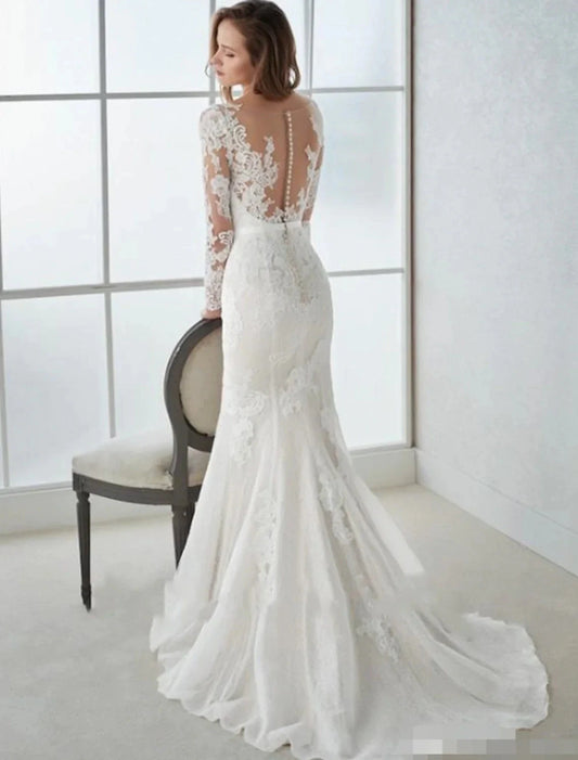 Engagement Formal Fall Wedding Dresses Mermaid / Trumpet V Neck Long Sleeve Sweep / Brush Train Lace Open Back Bridal Gowns With Summer Wedding Party Women‘s Clothing by YiHuiw
