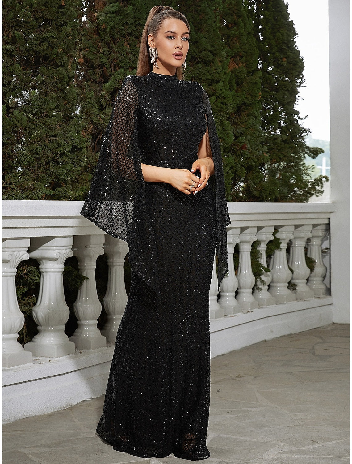 Cape Mermaid / Trumpet Evening Gown Sparkle & Shine Dress Formal Fall Floor Length Sleeveless High Neck Sequined with Glitter Pleats by YiHuiw