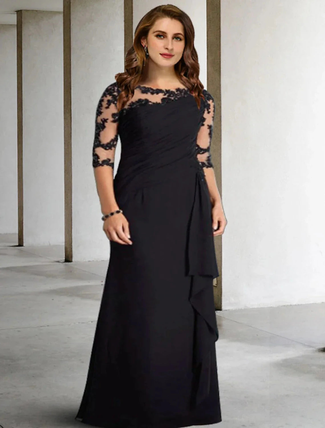 A-Line Mother of the Bride Dresses Plus Size Hide Belly Curve Elegant Fall Wedding Guest Dress Formal Floor Length Half Sleeve Jewel Neck Chiffon with Pleats Ruched Appliques by YiHuiw