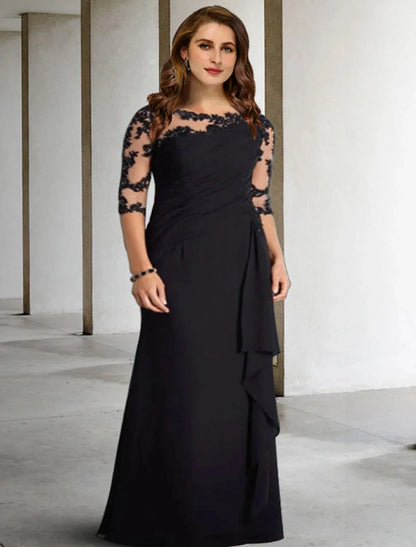 A-Line Mother of the Bride Dresses Plus Size Hide Belly Curve Elegant Fall Wedding Guest Dress Formal Floor Length Half Sleeve Jewel Neck Chiffon with Pleats Ruched Appliques by YiHuiw