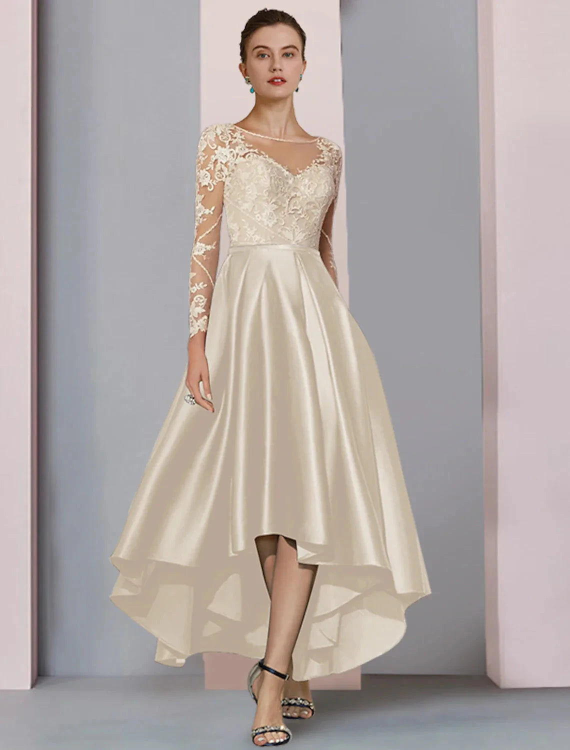A-Line Mother of the Bride Dress Wedding Guest Elegant High Low Scoop Neck Asymmetrical Tea Length Satin Lace Long Sleeve with Pleats Beading Appliques by YiHuiw