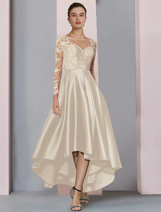 A-Line Mother of the Bride Dress Wedding Guest Elegant High Low Scoop Neck Asymmetrical Tea Length Satin Lace Long Sleeve with Pleats Beading Appliques by YiHuiw