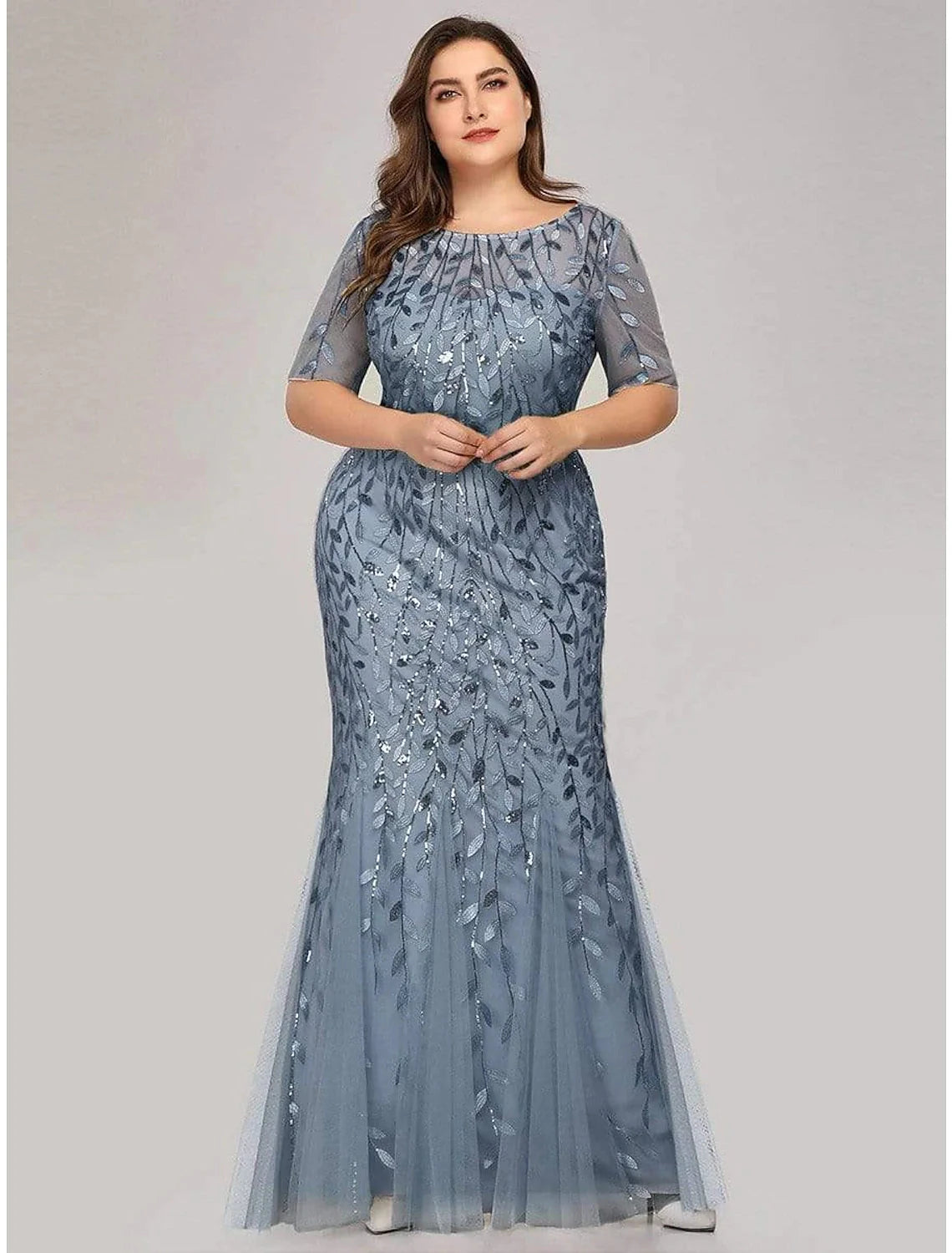 Mermaid / Trumpet Empire Elegant Party Wear Formal Evening Dress Jewel Neck Short Sleeve Floor Length Tulle with Embroidery by YiHuiw