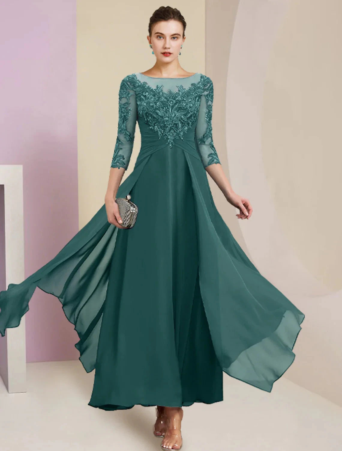 Sheath / Column Mother of the Bride Dress Wedding Guest Simple Elegant Jewel Neck Ankle Length Chiffon Lace 3/4 Length Sleeve with Pleats Sequin by YiHuiw