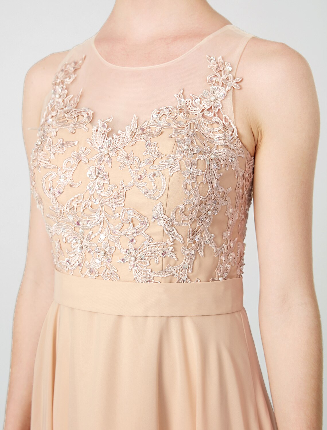 A-Line Classic & Timeless Keyhole Pastel Colors Holiday Cocktail Party Prom Dress Illusion Neck Sleeveless Floor Length Chiffon Beaded Lace with Pleats Appliques by YiHuiw