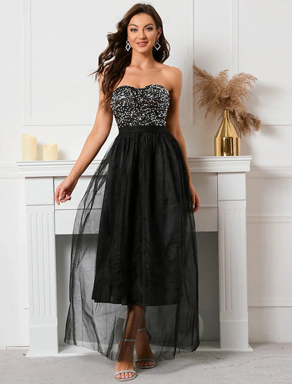 A-Line Party Dresses Sparkle & Shine Dress Holiday Floor Length Sleeveless Strapless Sequined with Sequin by YiHuiw