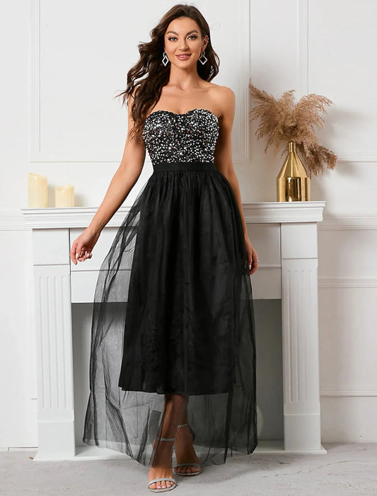A-Line Party Dresses Vintage Dress Holiday Summer Floor Length Sleeveless Strapless Sequined with Sequin by YiHuiw