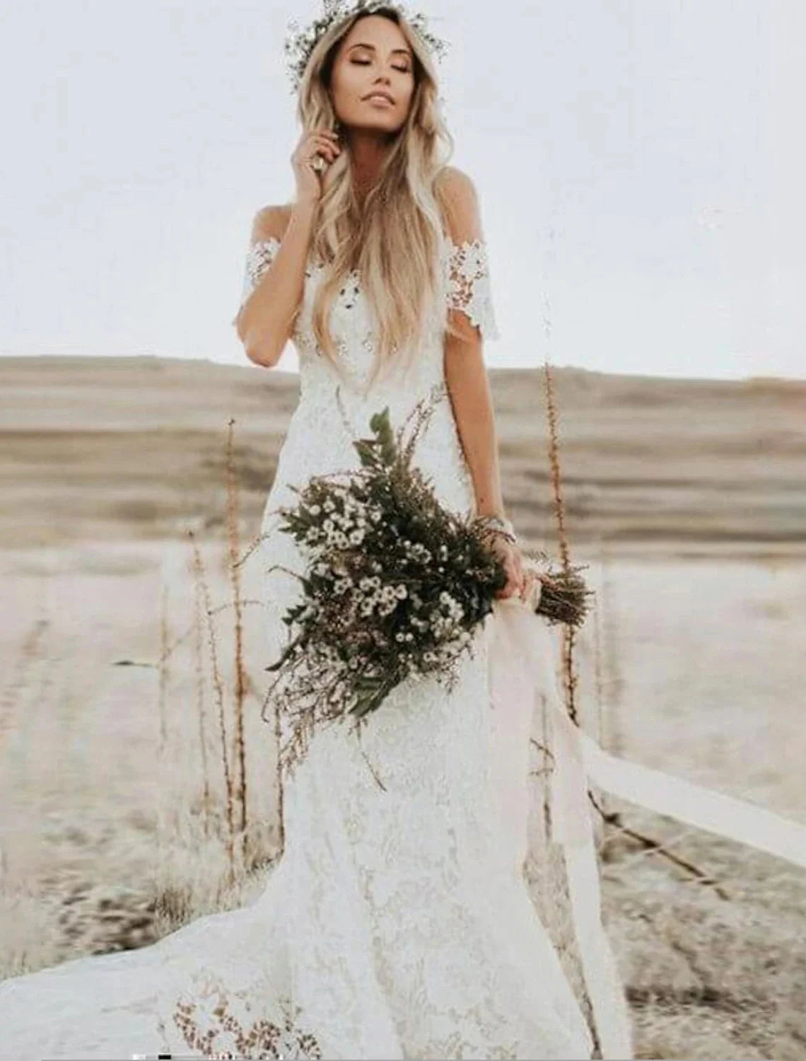 Beach Boho Wedding Dresses Mermaid / Trumpet Off Shoulder Cap Sleeve Chapel Train Lace Bridal Gowns With Appliques Solid Color Summer Wedding Party by YiHuiw