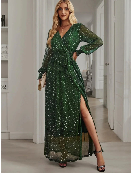 A-Line Party Dresses Sparkle & Shine Dress Birthday Fall Ankle Length Long Sleeve V Neck Chiffon with Glitter Sequin Slit by YiHuiw