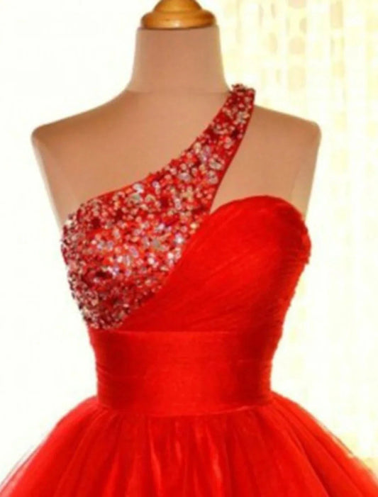 A-Line Homecoming Dresses Sparkle & Shine Dress Holiday Graduation Short / Mini Sleeveless One Shoulder Pink Dress Tulle with Sequin by YiHuiw