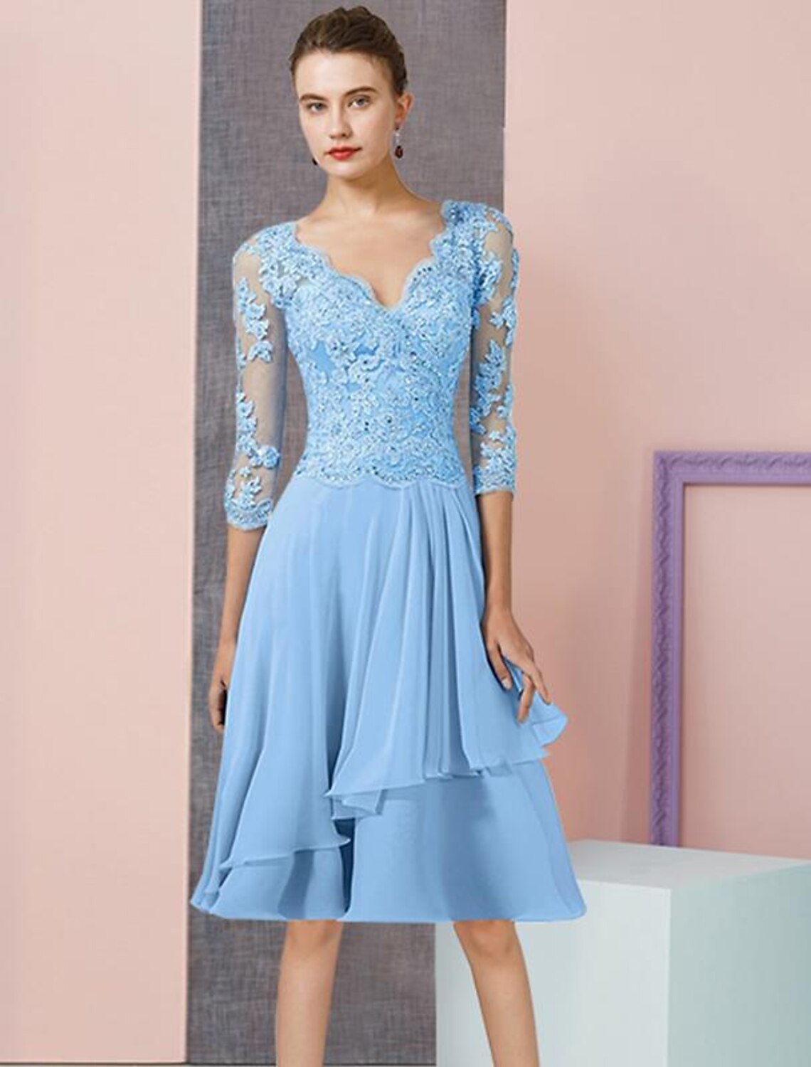 Two Piece A-Line Mother of the Bride Dress Formal Wedding Guest Elegant V Neck Knee Length Chiffon Lace 3/4 Length Sleeve Wrap Included with Beading Sequin Appliques by YiHuiw
