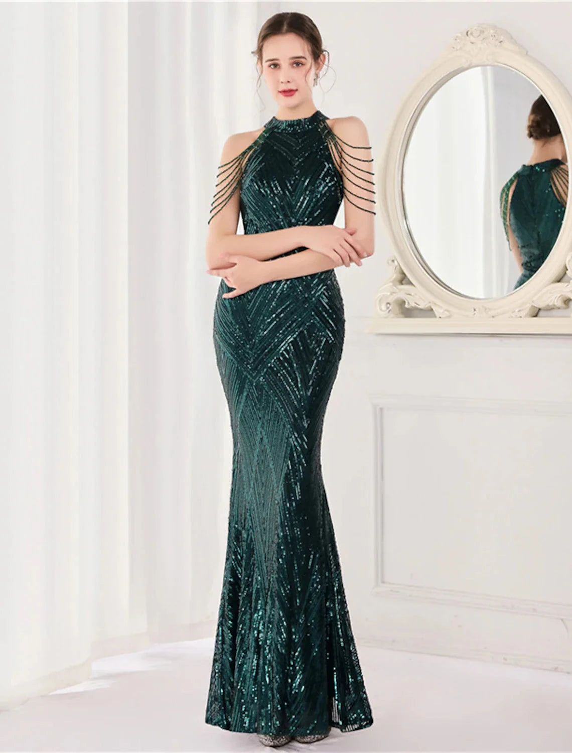 Mermaid Party Dress Prom Dresses Sparkle & Shine Dress Formal Wedding Guest Floor Length Sleeveless Halter Neck Sequined with Sequin by YiHuiw