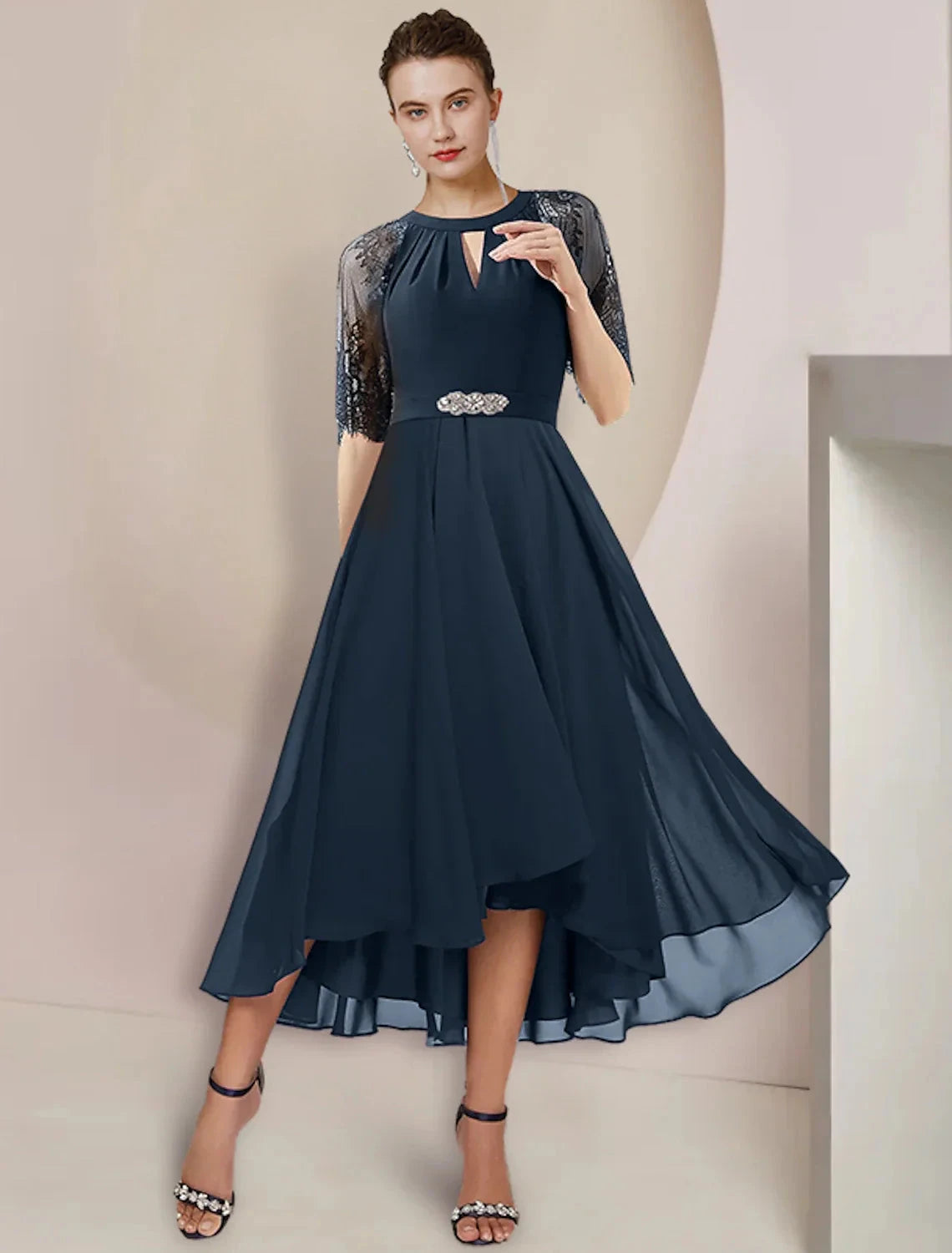 A-Line Mother of the Bride Dress Formal Wedding Guest Party Elegant High Low Scoop Neck Tea Length Chiffon Lace 3/4 Length Sleeve with Pleats Crystal Brooch by YiHuiw