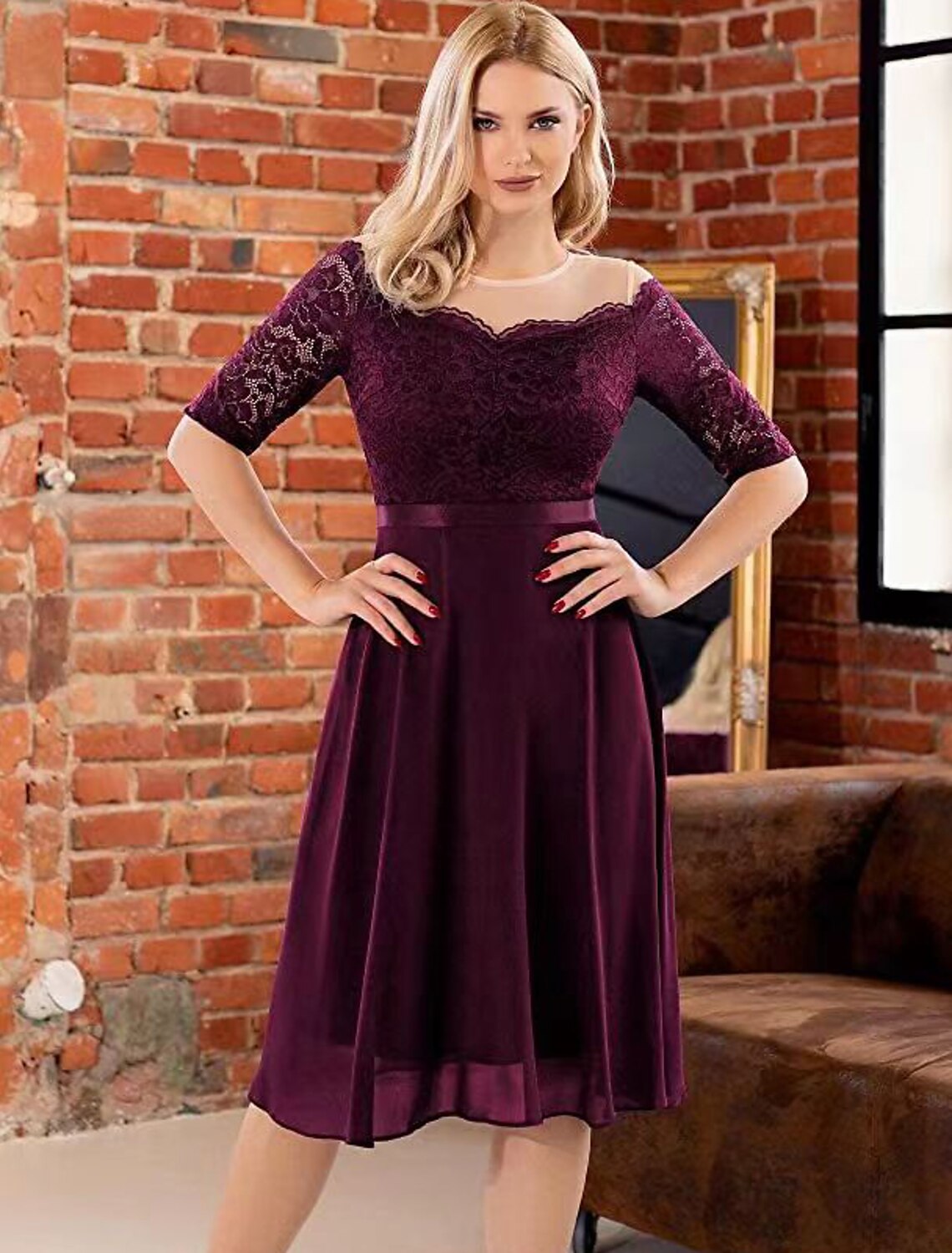 A-Line Cocktail Dresses Vintage Dress Party Wear Cocktail Party Knee Length Half Sleeve Jewel Neck Fall Wedding Guest Lace with Pleats by YiHuiw