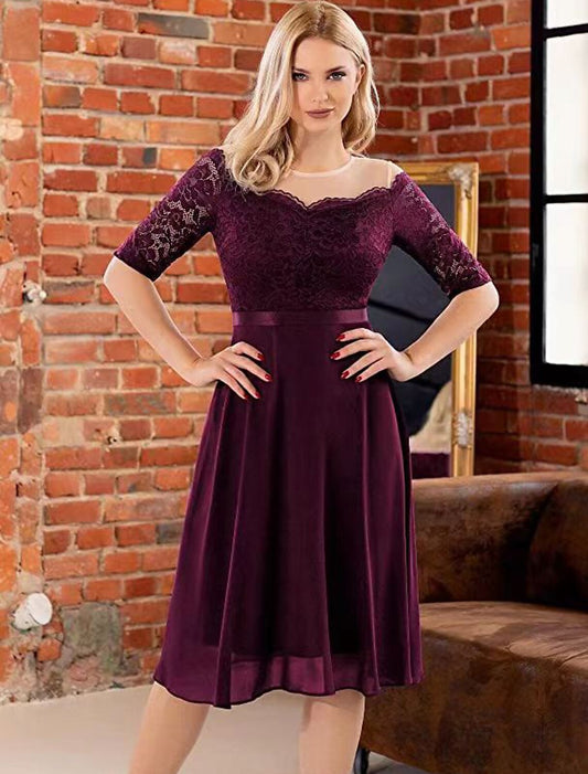 A-Line Cocktail Dresses Vintage Dress Party Wear Cocktail Party Knee Length Half Sleeve Jewel Neck Fall Wedding Guest Lace with Pleats by YiHuiw