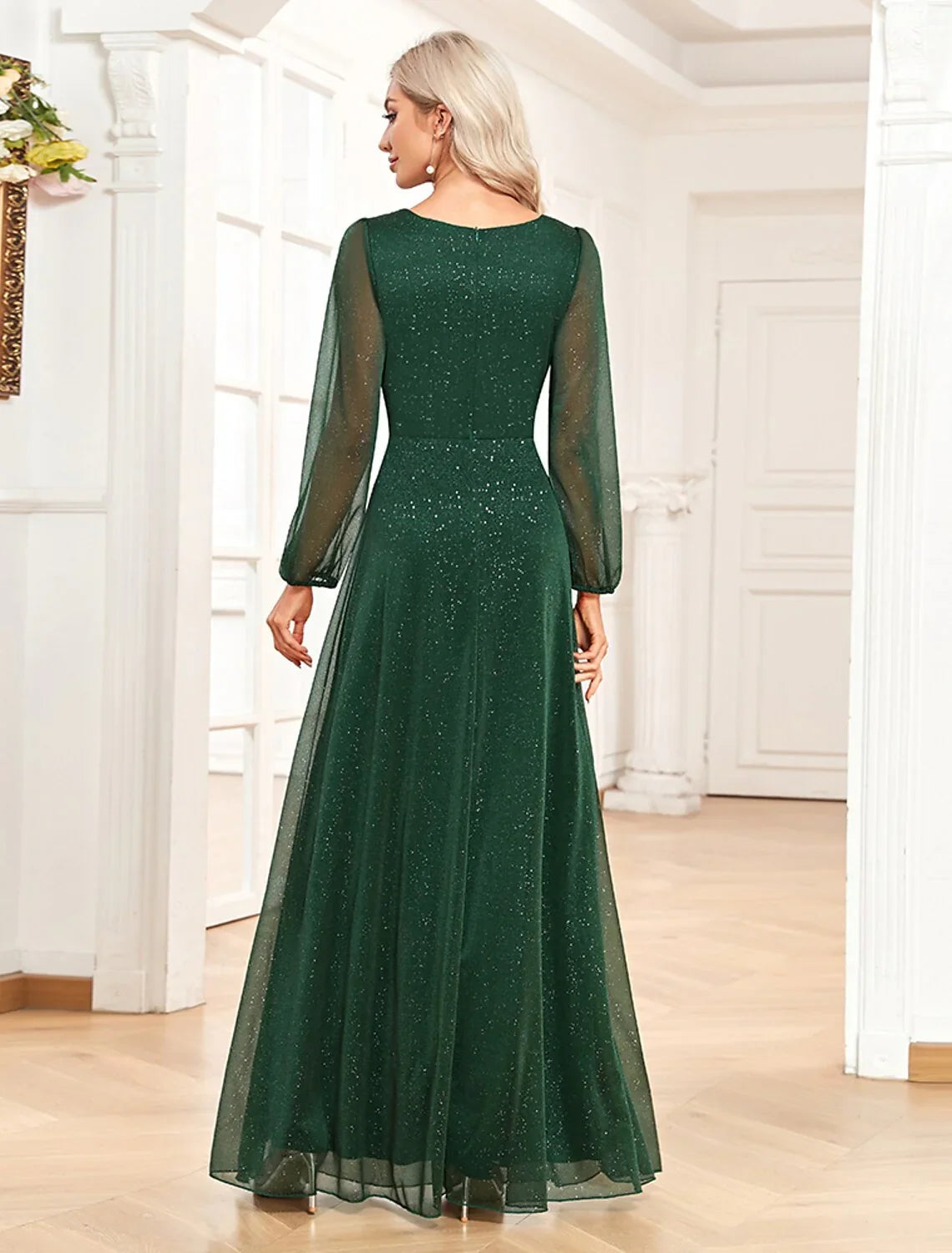 A-Line Evening Gown Elegant Dress Formal Floor Length Long Sleeve V Neck Chiffon with Sequin by YiHuiw