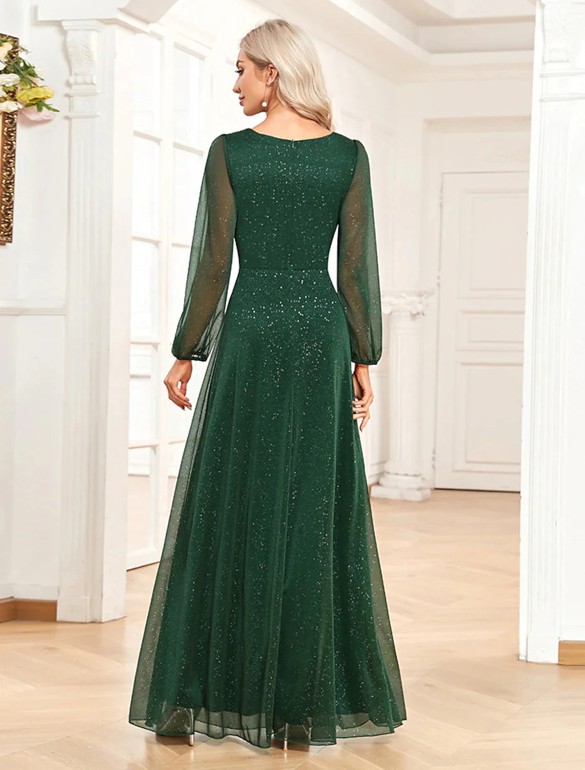 A-Line Evening Gown Sparkle & Shine Dress Formal Wedding Party Dress Floor Length Long Sleeve V Neck Chiffon with Sequin by YiHuiw