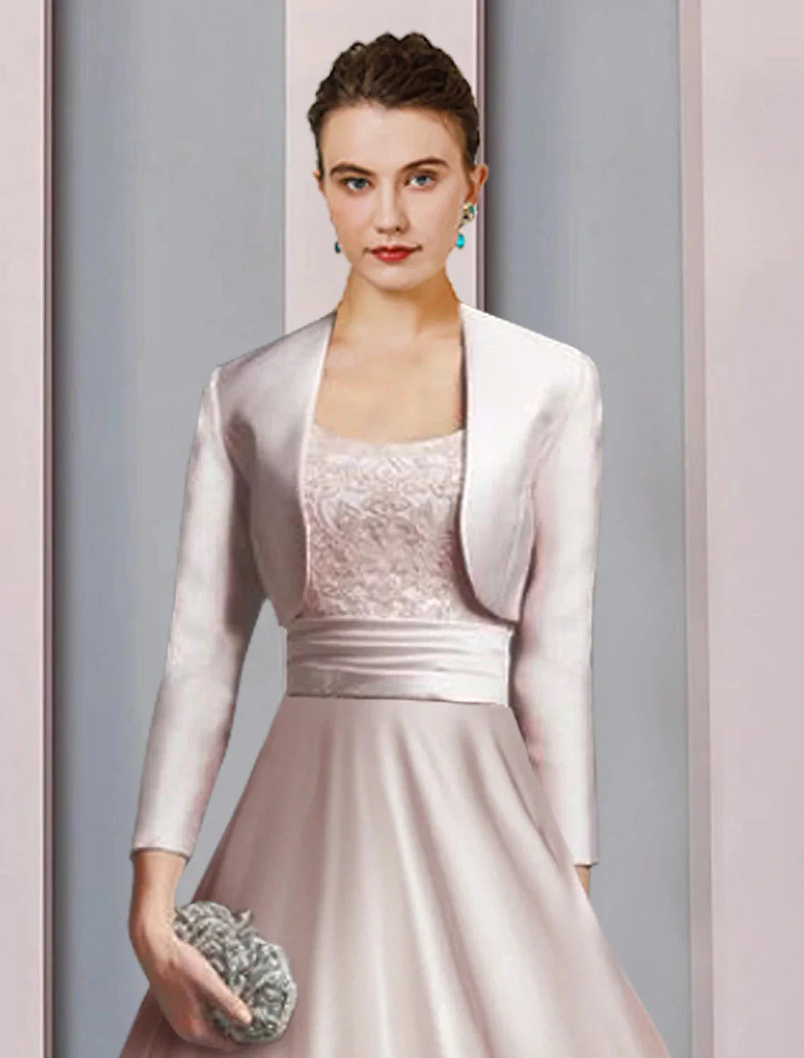 Two Piece A-Line Mother of the Bride Dress Formal Church Party Elegant Scoop Neck Tea Length Satin Lace Half Sleeve with Appliques Ruching by YiHuiw