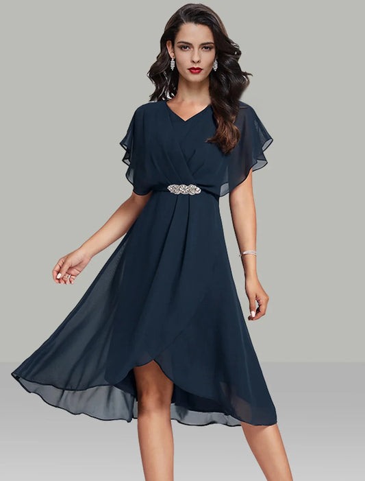 A-Line Wedding Guest Dresses Elegant Dress Semi Formal Tea Length Short Sleeve V Neck Belt / Sash Chiffon with Beading by YiHuiw