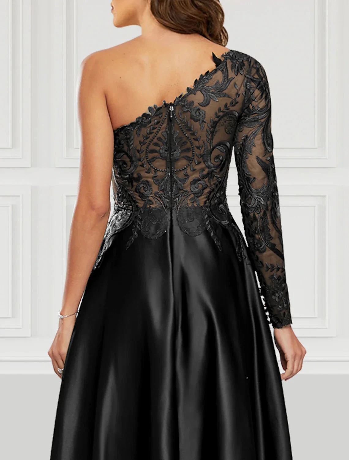 A-Line Prom Dresses Black Dress Party Wear Floor Length Long Sleeve One Shoulder Satin with Slit by YiHuiw