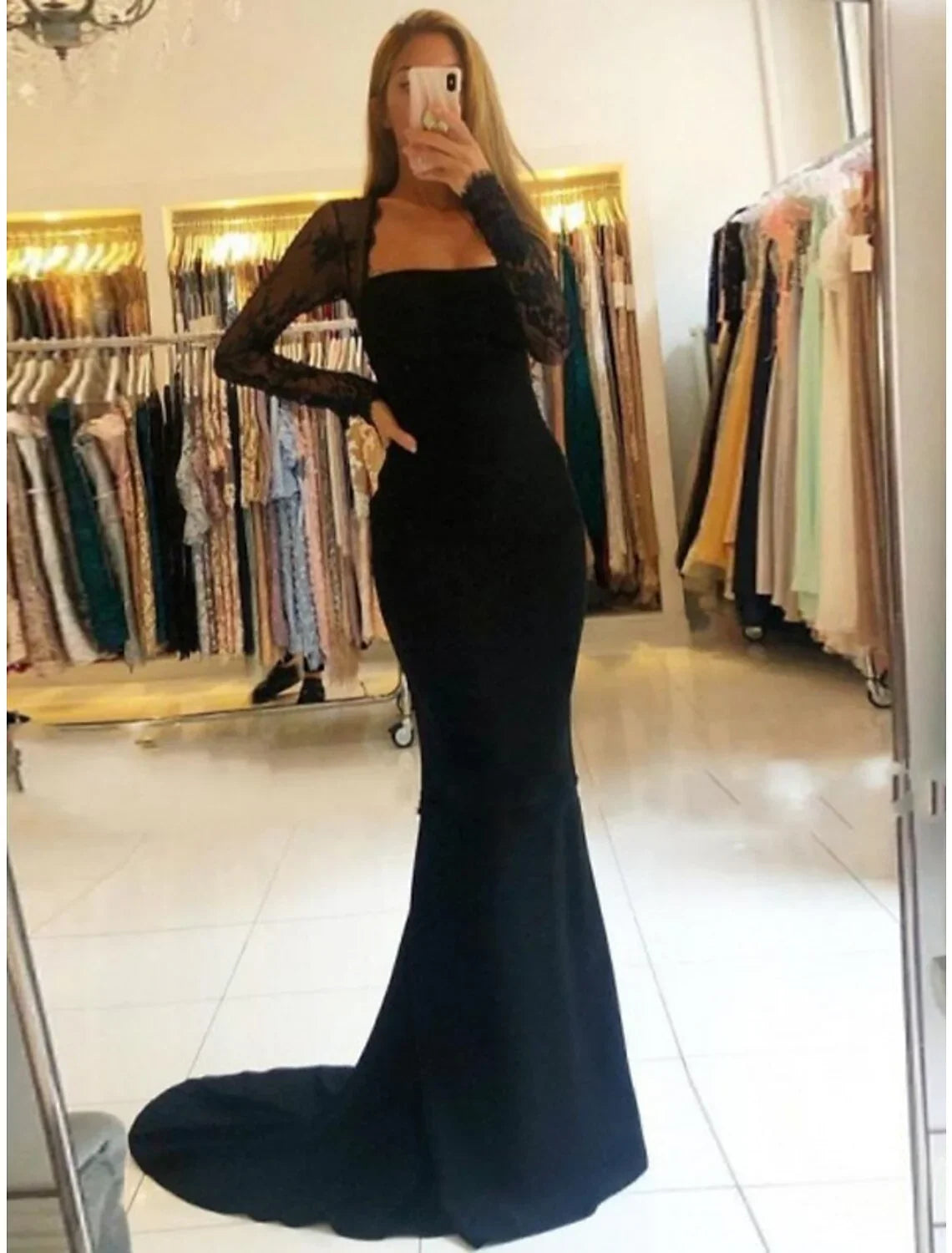 Mermaid / Trumpet Prom Dresses Open Back Dress Formal Court Train Long Sleeve Strapless  Fabric Backless with Beading Appliques